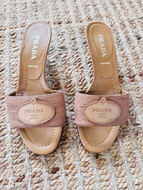 Prada Women's Tan Slide Mules with Logo Plaque